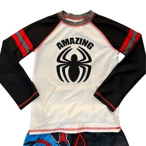 Boys SpiderMan themed swim trunks with matching swim top, size 7, Marvel brand
